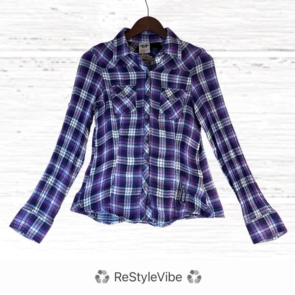 HARLEY-DAVIDSON Women’s Size S Shirt Top Blouse Plaid Embroidered Button Front